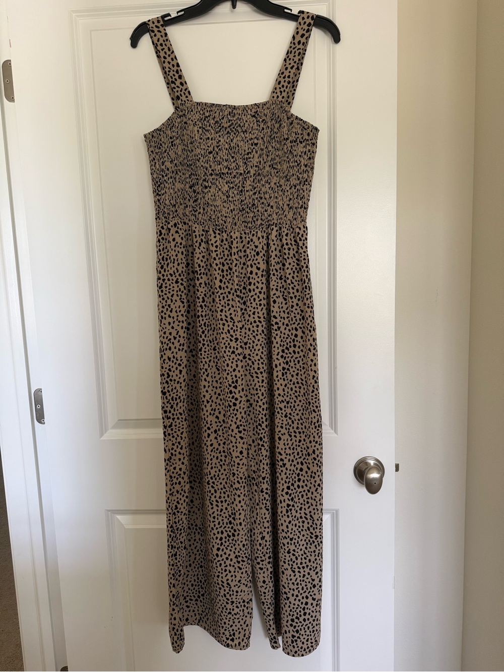 SHEIN Beige and Black Leopard Print Smocked Jumpsuit